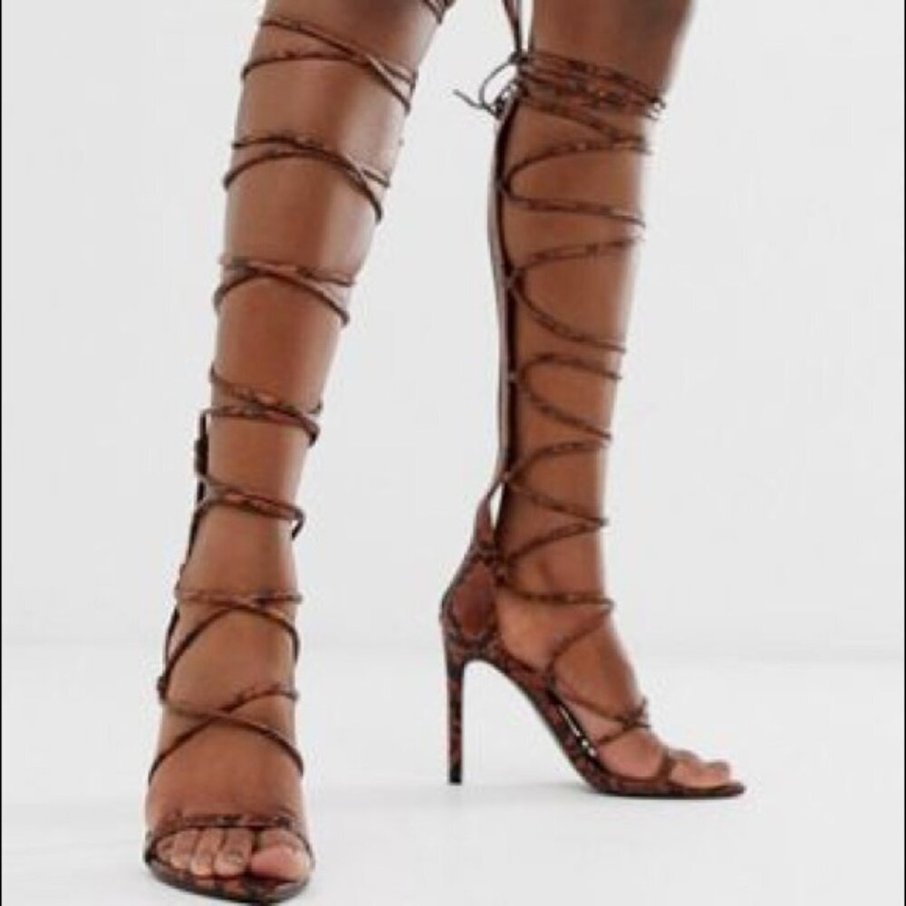 ASOS DESIGN Harsh knee high gladiator heeled sandals in brown snake skin size 6